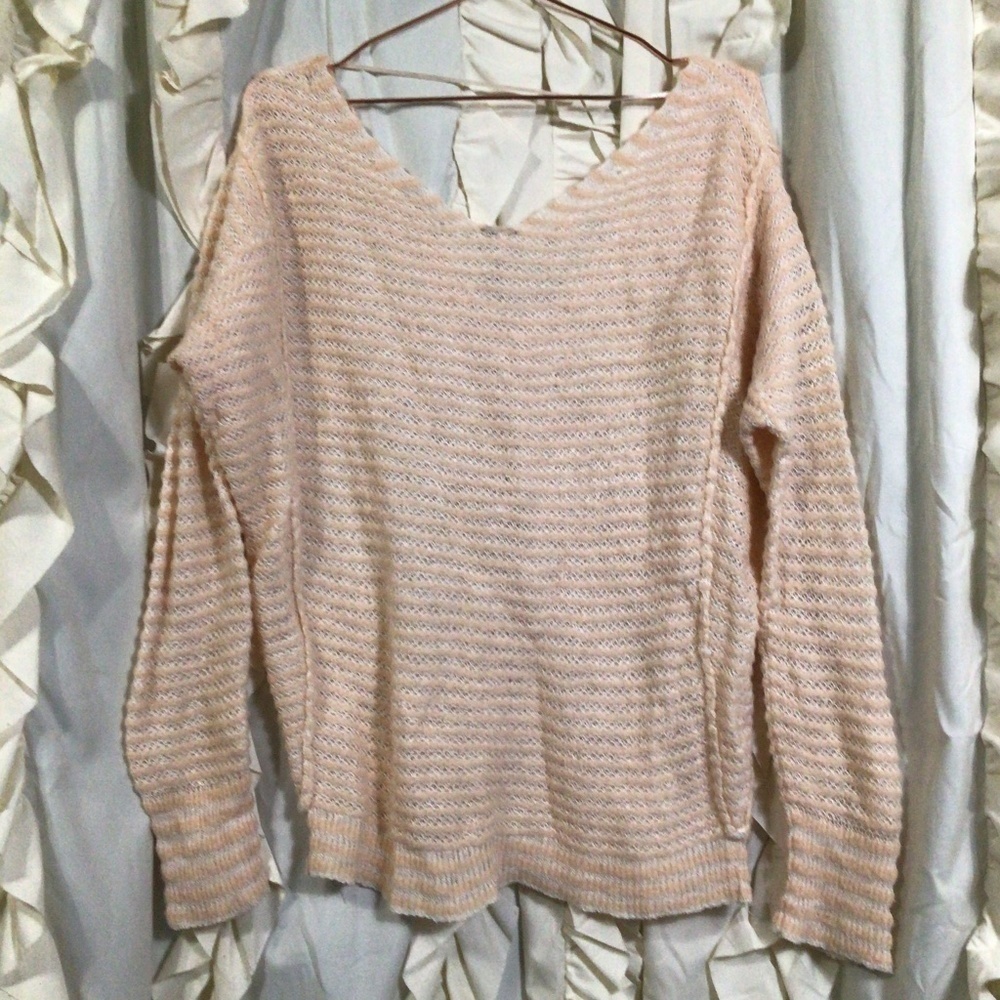 Free People Open Knit Linen Wool Blend Sweater Peach White Stripes small - Picture 5 of 6